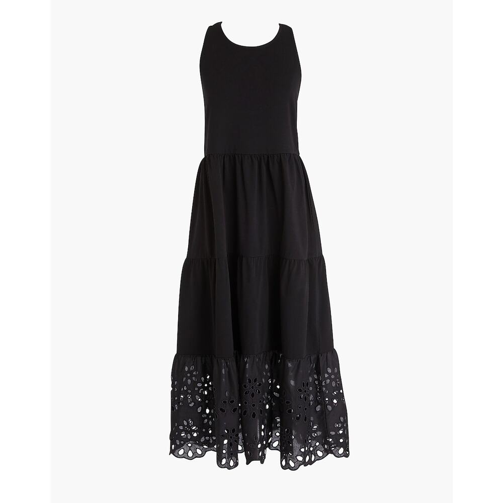 J. Crew Tiered Knit Midi Dress With Eyelet Trim Cotton Black L7712 Boho Gothic